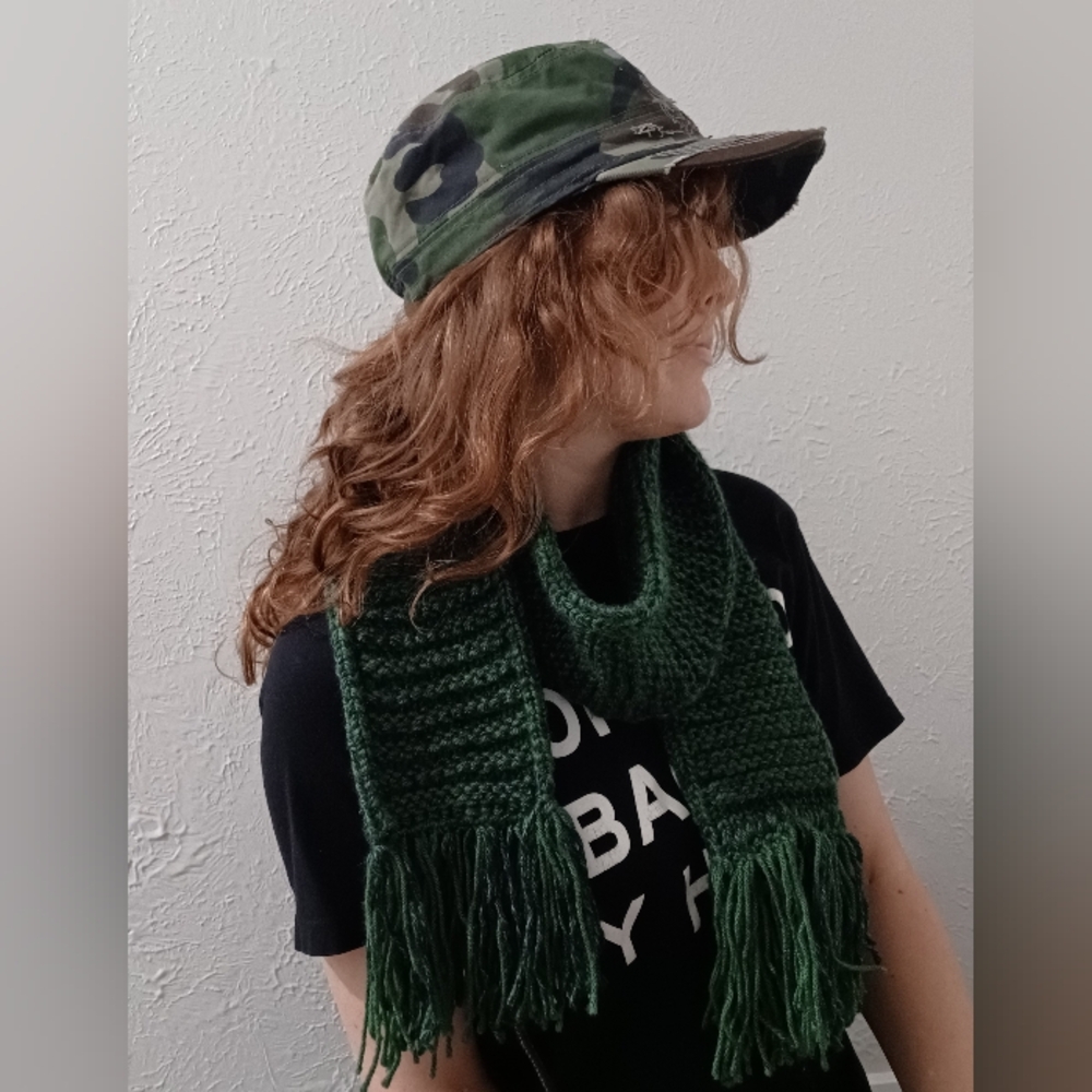Green Camo Army Distressed Baseball Cap Hat With Added Scarf